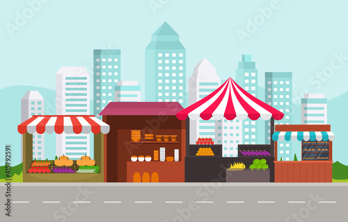 Fototapeta Naklejka Na Ścianę i Meble -  Roadside Fruit Vegetable Store Stall Stand Grocery in City Illustration