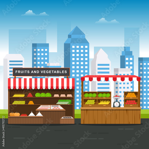 Roadside Fruit Vegetable Store Stall Stand Grocery in City Illustration