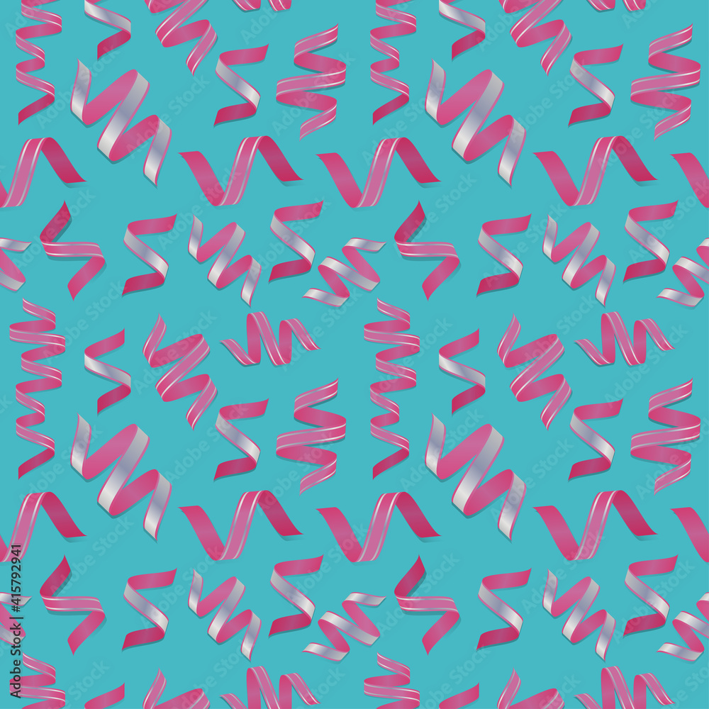 Pink and silver serpentine seamless pattern on blue background.