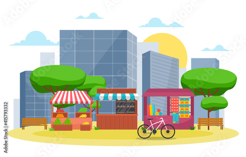 Fototapeta Naklejka Na Ścianę i Meble -  Healthy Fruit Vegetable Store Stall Stand Grocery in City Illustration