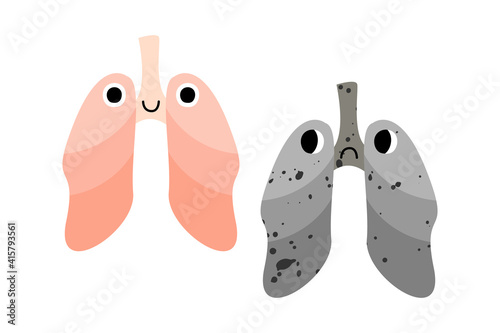 Cute lung characters with smiling and sad face. Funny kawaii human internal organ with eyes. Healthy and illness insides, lung disease. Pulmonology. Vector flat cartoon illustration