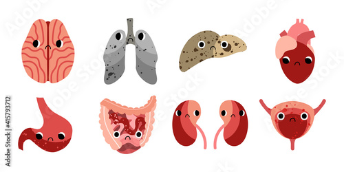 Cute diseased internal organs character with sad face. Unhealthy kawaii human organs with eyes: brain, lungs, liver, heart, stomach, intestines, kidneys, bladder. Vector flat cartoon illustration