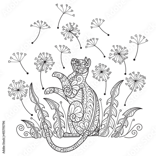 Cat playing dandelion flower. Hand drawn sketch illustration for adult coloring book