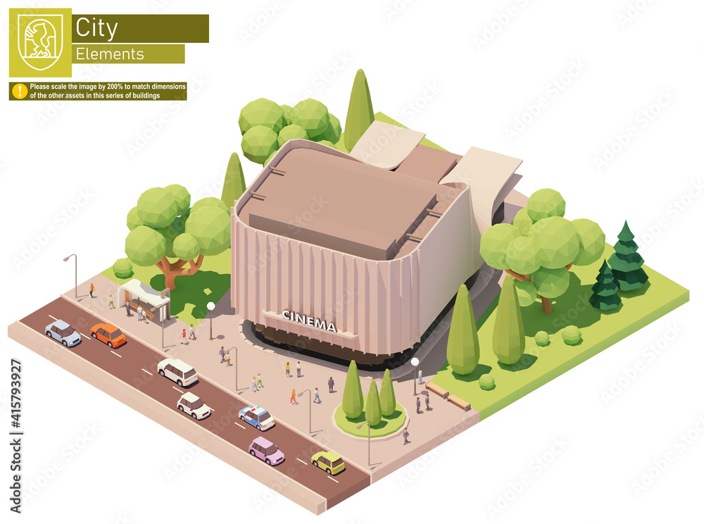 Vector isometric movie theater building. Modern cinema building exterior with spectators gathering near entrance