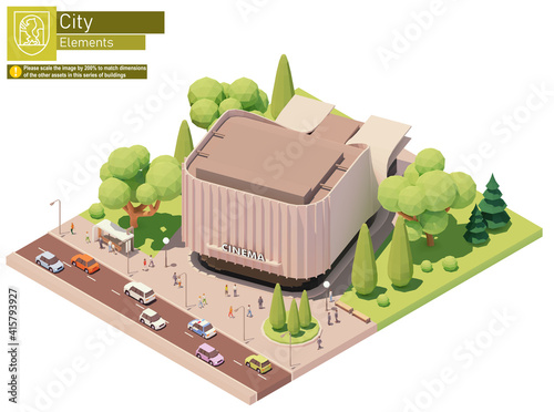 Obraz na płótnie Vector isometric movie theater building. Modern cinema building exterior with spectators gathering near entrance w salonie