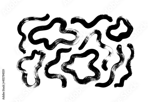 Vector black paint, ink brush strokes and splotch collection. Dirty grunge design element, liquid shapes or background. Grungy black smears and splodges. Hand drawn ink illustration isolated on white