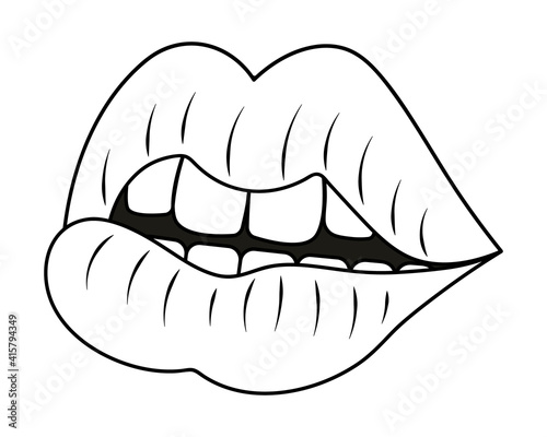Plump lips. Side view. Sketch. The seductive mouth is slightly open. Vector illustration. Coloring book. Valentines Day. Doodle style. An even row of teeth. Outline on an isolated white background.