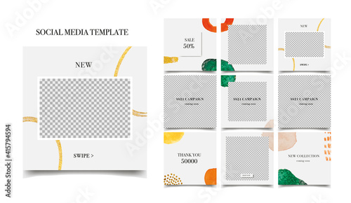 Social media template. Sale promotion. Editable square post frame puzzle. Instagram and facebook editable post. Beije, grey, white, gold, green vector background.