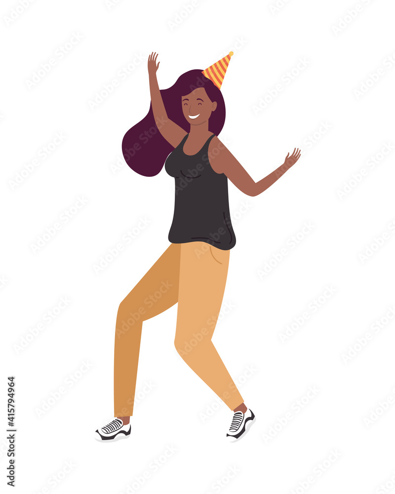 afro young woman with hat celebrating birthday character
