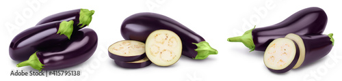 Eggplant or aubergine isolated on white background with full depth of field, Set or collection photo