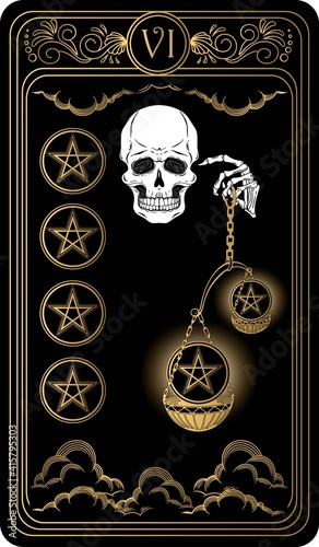 Six of pentacles. Card of Minor arcana black and gold tarot cards. Tarot deck. Vector hand drawn illustration with skull, occult, mystical and esoteric symbols.