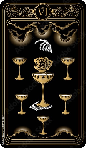 Six of cups. Card of Minor arcana black and gold tarot cards. Tarot deck. Vector hand drawn illustration with skull, occult, mystical and esoteric symbols.