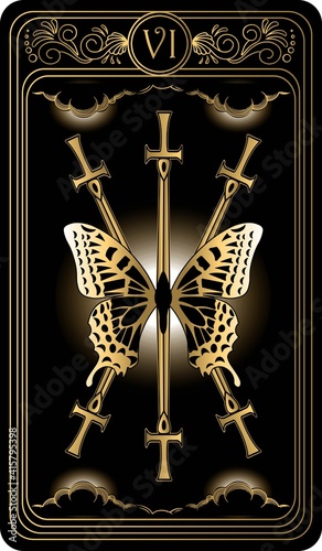 Six of swords. Card of Minor arcana black and gold tarot cards. Tarot deck. Vector hand drawn illustration with occult, mystical and esoteric symbols.