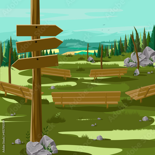 Viewing point in the hills. Colorful vector illustration with copy space on the signpost
