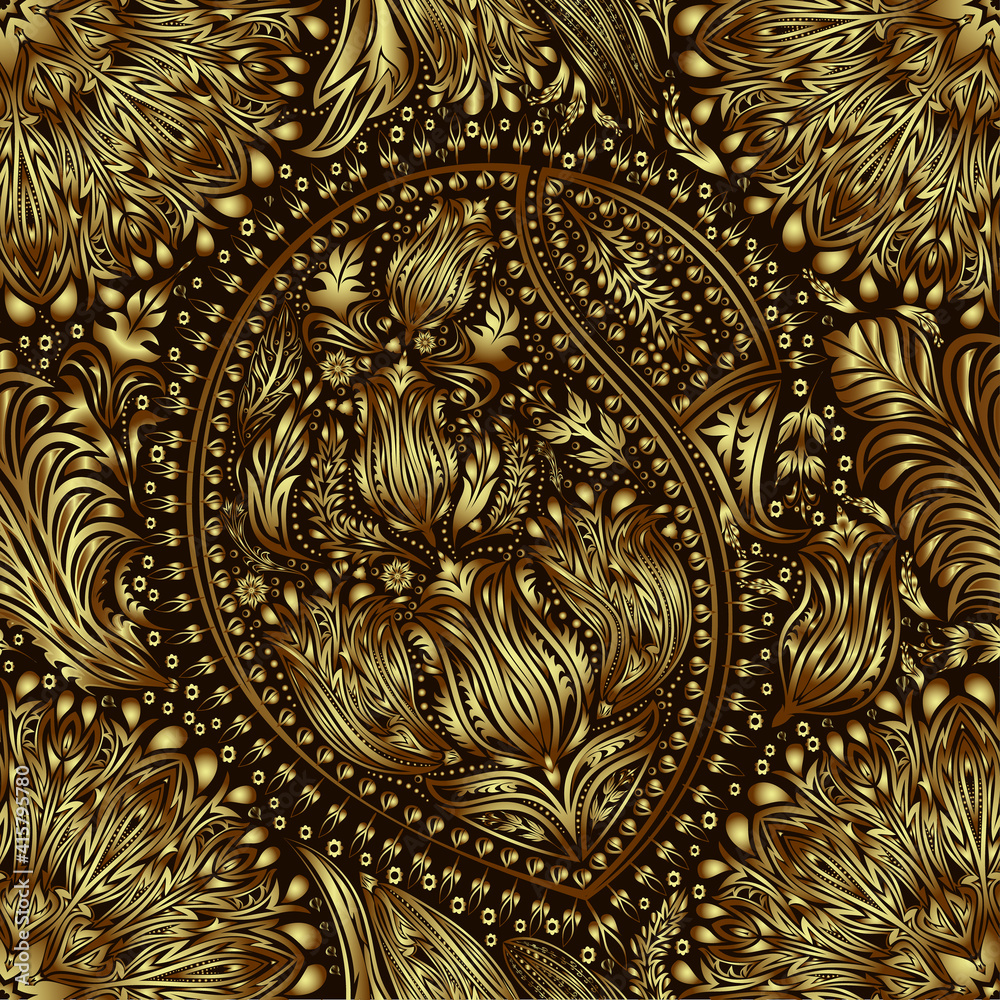 Vintage floral motif ethnic seamless background. Abstract lace pattern. Gold gradient elements. EPS10 vector texture.