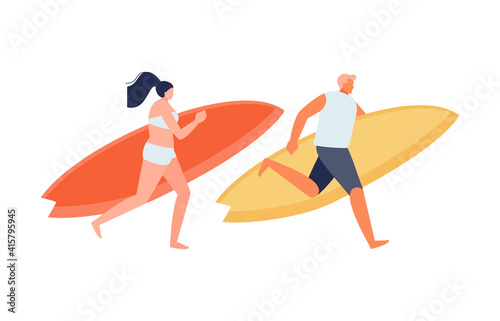 Running girl and guy surfers vector illustration