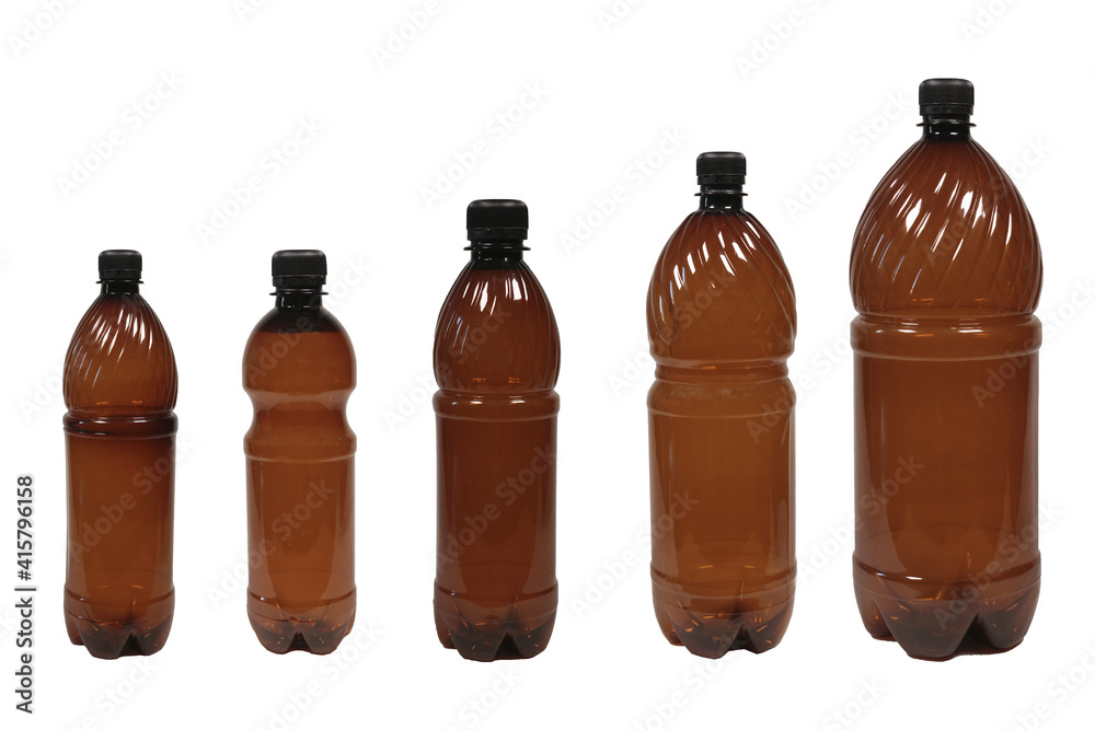 Empty beer bottles with cap. dark plastic bottle of water isolated on a white background