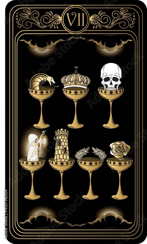 Seven of cups. Card of Minor arcana black and gold tarot cards. Tarot deck. Vector hand drawn illustration with skull, occult, mystical and esoteric symbols.