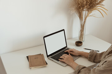 Working at home concept. Girl working on laptop. Aesthetic minimalist workspace background. Blank space screen laptop computer. Blog, social media, web, magazine template.