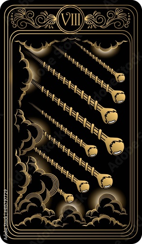 Eight of wands. Card of Minor arcana black and gold tarot cards. Tarot deck. Vector hand drawn illustration with scull, occult, mystical and esoteric symbols.