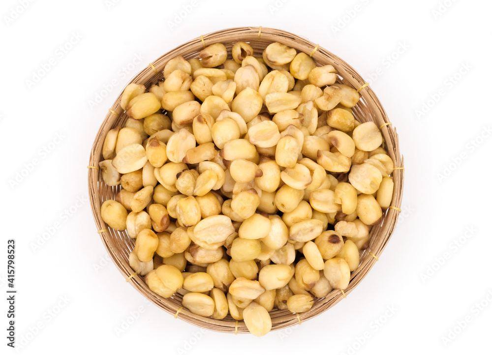 Top view dried lotus seeds pile in bamboo basket isolated on white background, lotus seeds Vietnam Top view dried lotus seeds pile in bamboo basket isolated on white background, lotus seeds Vietnam