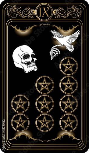 Nine of pentacles. Card of Minor arcana black and gold tarot cards. Tarot deck. Vector hand drawn illustration with scull, occult, mystical and esoteric symbols.