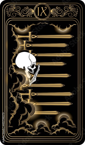 Nine of swords. Card of Minor arcana black and gold tarot cards. Tarot deck. Vector hand drawn illustration with scull, occult, mystical and esoteric symbols.