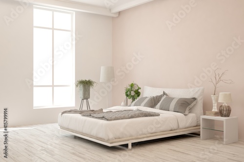 White bedroom interior. Scandinavian design. 3D illustration