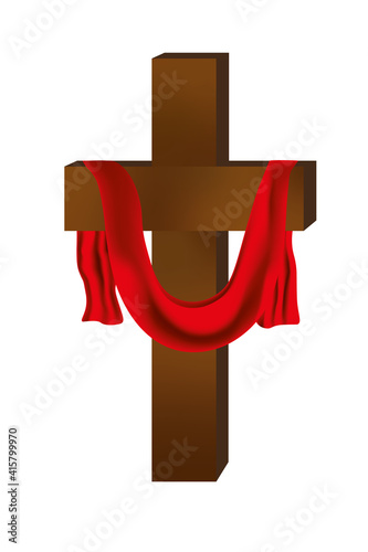 brown cross on good friday with draped red cloth
