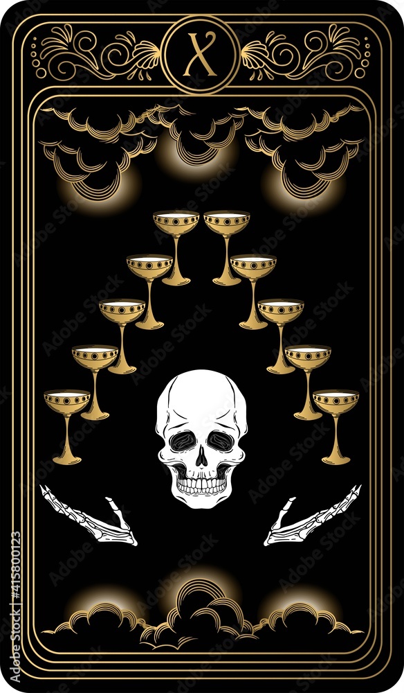 Ten of cups. Card of Minor arcana black and gold tarot cards. Tarot deck. Vector hand drawn illustration with skull, occult, mystical and esoteric symbols. Ten of cups. Card of Minor arcana black and gold tarot cards. Tarot deck. Vector hand drawn illustration with skull, occult, mystical and esoteric symbols.