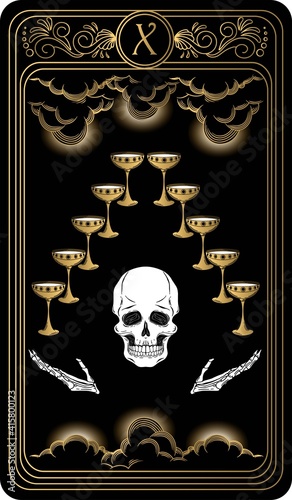 Ten of cups. Card of Minor arcana black and gold tarot cards. Tarot deck. Vector hand drawn illustration with skull, occult, mystical and esoteric symbols.