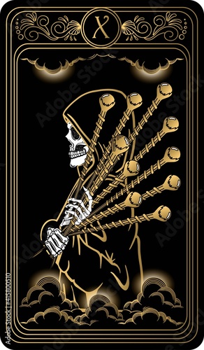 Ten of wands. Card of Minor arcana black and gold tarot cards. Tarot deck. Vector hand drawn illustration with occult, mystical and esoteric symbols.