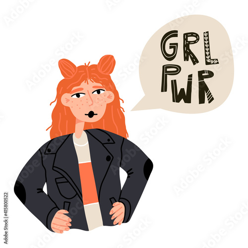 E-girl, glam rock style looking woman in leather jacket says Girl power. Feminism, independence, equal concept. Vector isolated illustration.