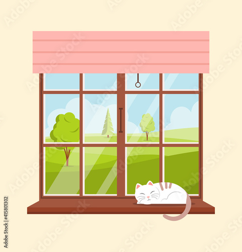 Window overlooking the spring or summer landscape. Cat sleeps on the windowsill. Forest landscape outside the window. Home comfort. Vector illustration in a flat style.