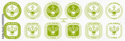 Concept for product packaging. Labeling - chlorine free. Chemical flask icon with chlok, vapor and liquid line with wings - a symbol of freedom from the ingredient. Vector set.