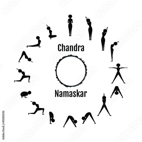 Woman yoga silhouette. Yoga complex salutation to the Moon. A woman practicing Chandra namaskar. Yoga isolated on the white background with the moon