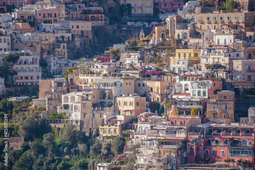 Colored Amalfi houses on hills leading down to coast, Campania, Italy. © Artur