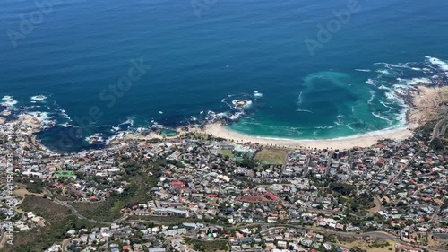 Aerial view of Camps Bay and Bantry Bay on the Atlantic seaboard side of the Cape Peninsula taken from Table Mountain