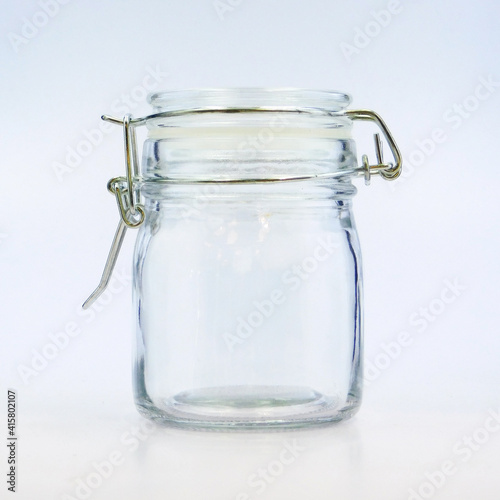 Round Glass Nostalgic Mason Jar with Clamp Lid, transparent, sparkly and brilliant, for food, liquids, sauces, grain, condiments, seeds, preserves and candys, also for decoration