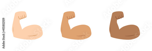 Arm muscle. Emoji of strong bicep. Emoticon of strength in hand. Icon of power of protein for man. Flex muscle of arm. Exercise in gym for health. Logo of fitness, workout, bodybuilder, sport. Vector