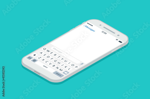 Isometric phone with chat. 3d app of message in smartphone. Isometric icon of messenger in mobile phone. Sms, talk and social media in cellphone. Online communication. Mockup of device. Vector