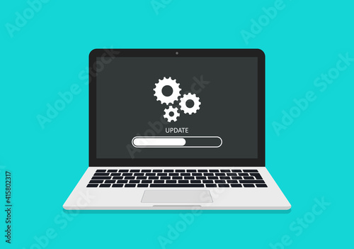 Update of system. Update of software on laptop. Upgrade and install of system on computer. Process of load on screen of laptop. Pc technology with gear icon. Download program and app. Vector