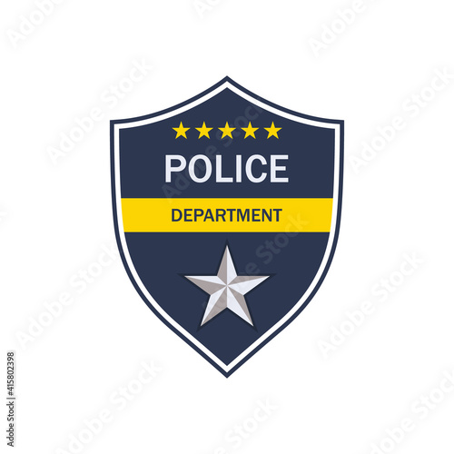 Police badge. Shield of cop department. Badge of officer police. emblem of sheriff. Symbol of security, law, protect, detective, patrol and policeman. Label and logo for uniform. Vector
