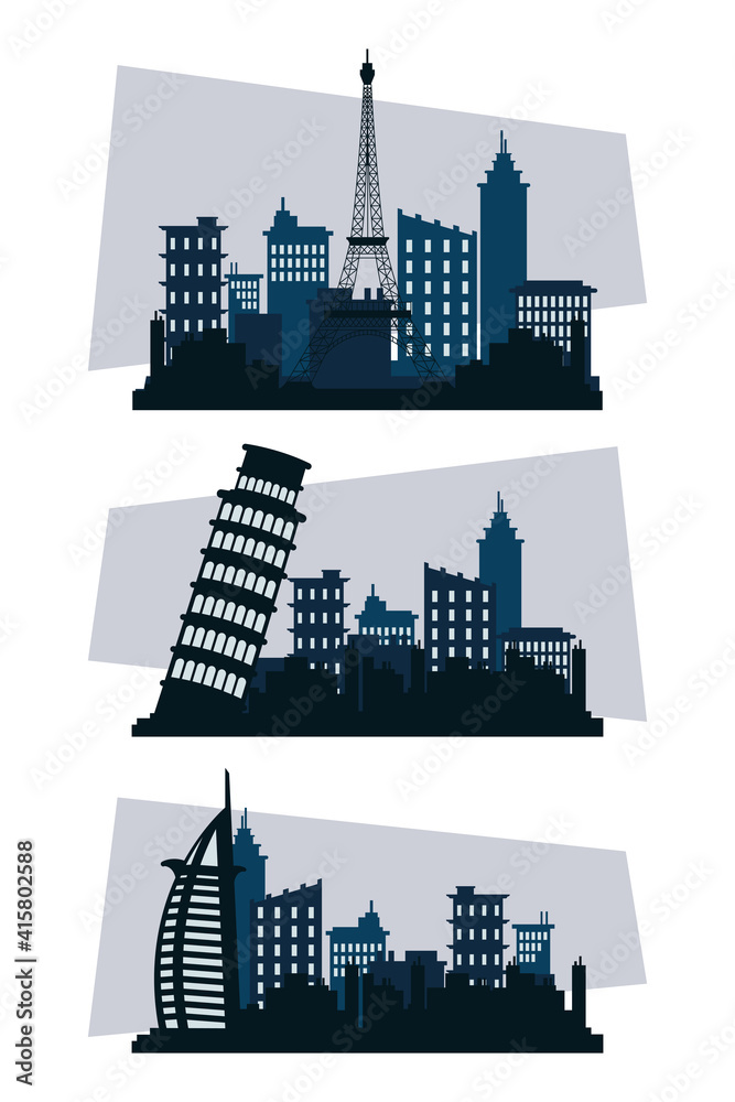 Naklejka premium bundle of three cities silhouettes scenes