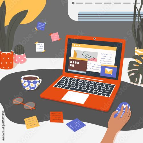 Stylish office women's workplace. Point of view on laptop screen. A businesswoman working with a red laptop. Work remotely. The concept of Home office. Vector illustration in a flat style.
