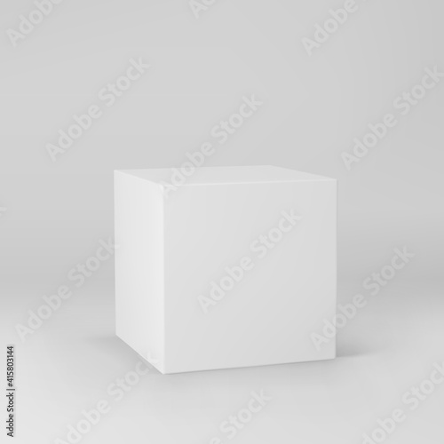 White 3d cube with perspective isolated on grey background. 3d modeling box with lighting and shadow. Realistic vector icon