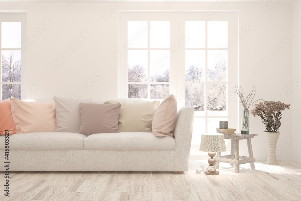 White living room with sofa and winter landscape in window. Scandinavian interior design. 3D illustration White living room with sofa and winter landscape in window. Scandinavian interior design. 3D illustration