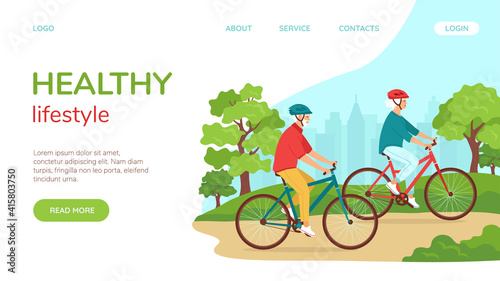 Active elderly gray-haired man and woman ride bicycles in park. Healthy lifestyle landing page template concept for seniors, active recreation retirement. Happy mature family. Vector illustration
