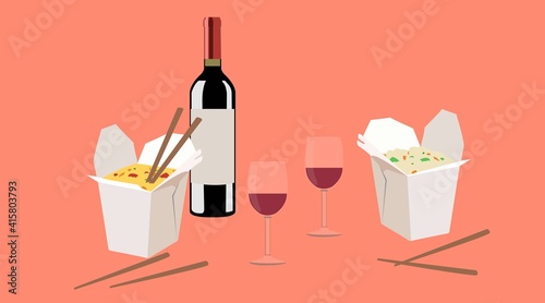 Chinese Food Take Away, with Wine. Vector Isolated Illustration