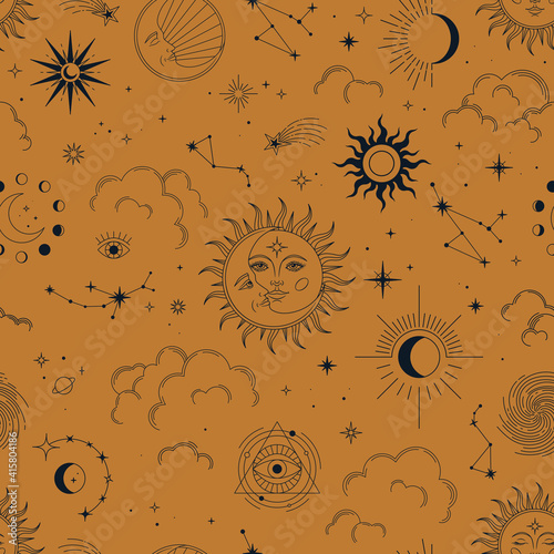 Vector seamless pattern with esoteric mystical elements. Magic sun, moon, stars, clouds and constellations. Trendy background for design of fabric, package, astrology, yoga mat, phone case.